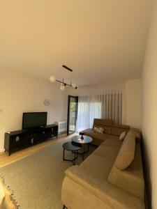Una sala de estar con un sofá y un televisor en Apartman Vida, en Trebinje