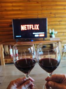 zwei Personen halten Weingläser vor einem Fernseher in der Unterkunft Cabana Bela Vista in Santa Maria do Erval