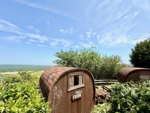 a couple of wooden barrels in a field at Apart-Hotel Kastanienhof in Dannenfels