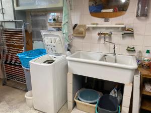 a bathroom with a sink and a washing machine at Frangipanier, Maison quartier calme, 1,5km de la plage, 6 pers in Les Sables-d'Olonne +12 photos