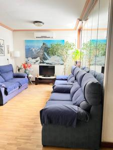 a living room with blue couches and a tv at Hostal Río Paraná in Madrid
