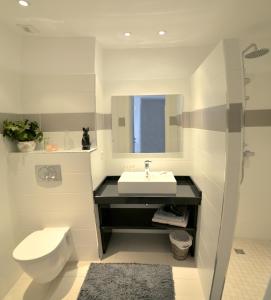 a bathroom with a sink and a toilet and a mirror at Appartement Vue Mer Corse Sud in Propriano