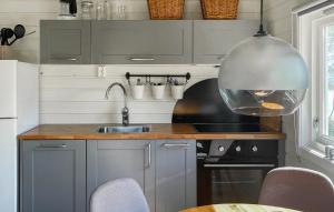 a kitchen with gray cabinets and a large pendant light at 2 Bedroom Stunning Home In Lavik in Lavik