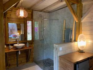 a bathroom with a shower and a sink at Le MORNE Aux F0US Cabanes & Jardin Tropical in Deshaies +48 photos