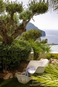 a white chair sitting on the grass next to a tree at Hacienda Na Xamena, Ibiza in Na Xamena