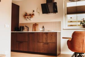 a kitchen with wooden cabinets and a tv on the wall at WadZinnig in Hollum
