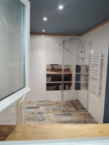 ein Badezimmer mit Dusche mit Glastür in der Unterkunft L'Edenwine jardin clos et spa privatif in Doulezon