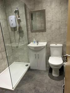 a bathroom with a shower and a toilet and a sink at Port Panorama in Portstewart