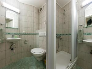 a bathroom with a toilet and a sink and a shower at Villa Miranda NG in Ohrid