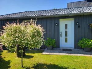 欧巴德伍斯图Cathrins Boddenblick的白色的房屋,有白色的大门和树木