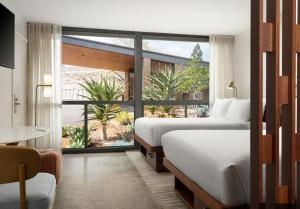 圣罗莎Flamingo Resort & Spa Santa Rosa Sonoma, Tapestry by Hilton的有两张床和一扇大窗户的酒店房间
