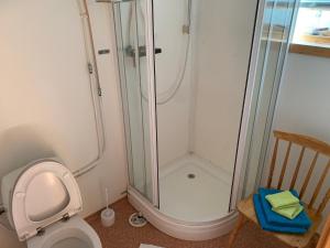 a bathroom with a shower and a toilet at Søndre Forøya Gård in Tromsø +36 photos