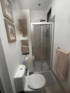 Un baño blanco con ducha y WC. en Penmaenmawr Coastal Retreat, en Penmaen-mawr 10 fotos más