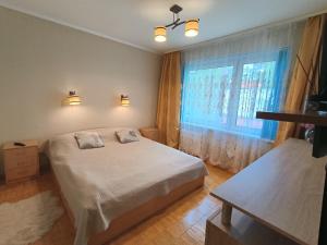 a bedroom with a bed and a large window at Weekend Home in Visaginas