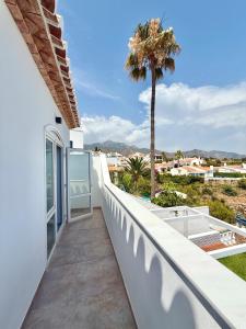 a balcony with a view of a palm tree at Villla Clementina in Nerja
