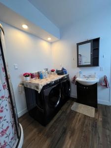 a laundry room with a washing machine and a sink at Homefeel Stylish Modern House in Chambord +15 photos