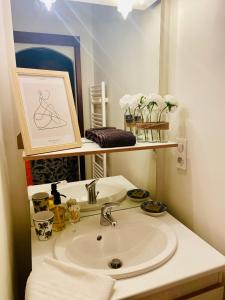 une salle de bain avec un lavabo et un miroir dans l'établissement Les gites du tilleul, à Villefranche-de-Lauragais
