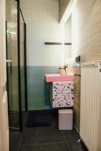 a bathroom with a pink sink and a shower at sleepArt atelier in Celle