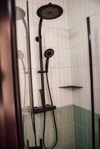 a shower with a shower head in a bathroom at sleepArt atelier in Celle +12 photos