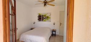 サン・ラファエルにあるVilla- Saint-Raphaëlのベッドと天井扇風機のある寝室 +21枚の写真