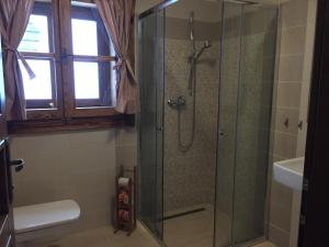a shower with a glass door in a bathroom at Drevenica u Michala in Terchová +35 photos
