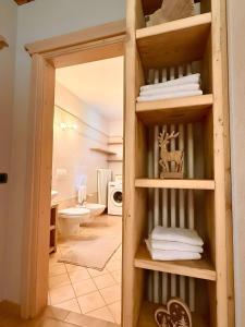 a room with a bathroom with a toilet and towels at Casa Clus Bormio apartments 3 in Valdisotto +28 photos