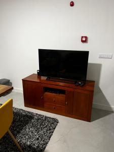 einen Flachbild-TV auf einem hölzernen Entertainment-Center in der Unterkunft Arrenquinha Guesthouse # Margarida in São Vicente Ferreira