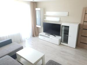 a living room with a couch and a tv at Ezerkrasts Kempes 28 in Liepāja
