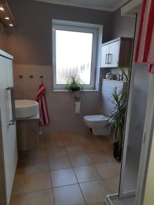 a bathroom with a toilet and a sink and a window at Ferienwohnung Flora Friesoythe in Friesoythe +13 photos