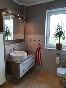a bathroom with a sink and a mirror and a window at Ferienwohnung Flora Friesoythe in Friesoythe