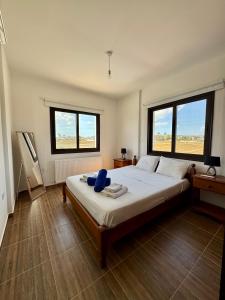 a bedroom with a large bed with two windows at Lazuli Zen Villa with Private Pool in Pyla +27 photos
