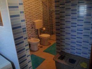 a bathroom with a toilet and blue tiled walls at Varandas da Serra in Vila Franca de Xira +8 photos
