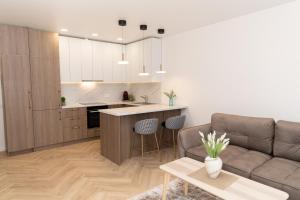 a kitchen and living room with a couch and a table at Apartamentai Šilutė in Šilutė