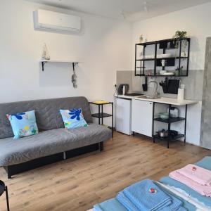 a living room with a couch and a kitchen at Apartamenty Dana in Pustkowo