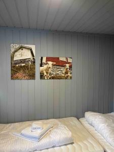 a room with three pictures of animals on the wall at Cabin in Oppstryn in Stryn