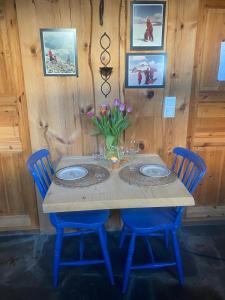 a table with blue chairs and a vase of flowers on it at Cabin in Oppstryn in Stryn +21 photos