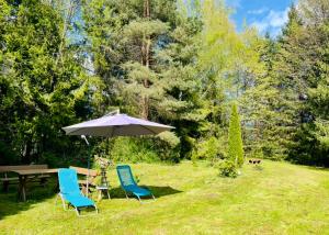 a picnic table and two chairs with an umbrella at Agro Bieszczady Sleep Tourism in Czarna