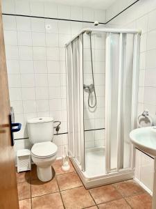 a bathroom with a shower and a toilet and a sink at Albergue Urbasa in Eulate +44 photos