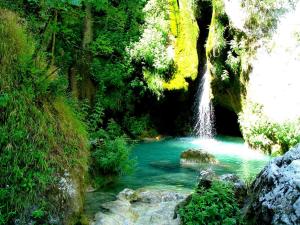 a waterfall in the middle of a river in a forest at Albergue Urbasa in Eulate