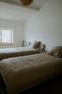 two beds in a white room with a window at Cozy house with garden, comfort for 6 people in Maulévrier