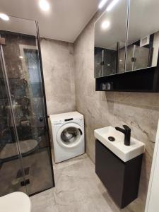 a bathroom with a washing machine and a sink at 'Design korter Kehras' in Kekra