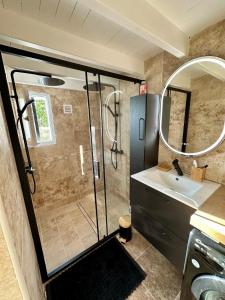 a bathroom with a shower and a sink and a mirror at La Villa Delphine in Vaux-sur-Mer +51 photos