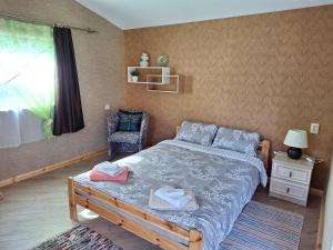 ein Schlafzimmer mit einem Bett, einem Stuhl und einem Fenster in der Unterkunft Spāres in Pāvilosta