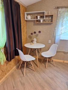 ein Tisch und zwei Stühle sowie ein Tisch mit einer Vase in der Unterkunft Spāres in Pāvilosta