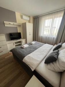 a bedroom with a large bed and a television at Widok Kielce in Kielce