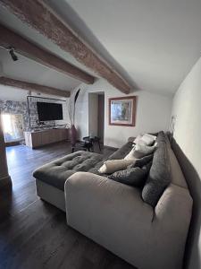 a living room with a couch and a television at Appartement atypique, coeur de village in Ginestas