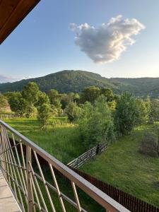 a view from the porch of a house with a field and mountains at Căsuța lui Filip in Teşila