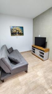 un salon avec un canapé et une télévision à écran plat dans l'établissement Seu refúgio no coração da cidade, à Paulo Afonso