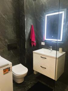 een badkamer met een toilet, een wastafel en een spiegel bij A&E Seaside Apartment in Golem +19 foto's