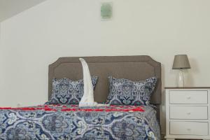 a bed with a blue and white comforter and pillows at Cidade Serena in Cidade Velha +223 photos